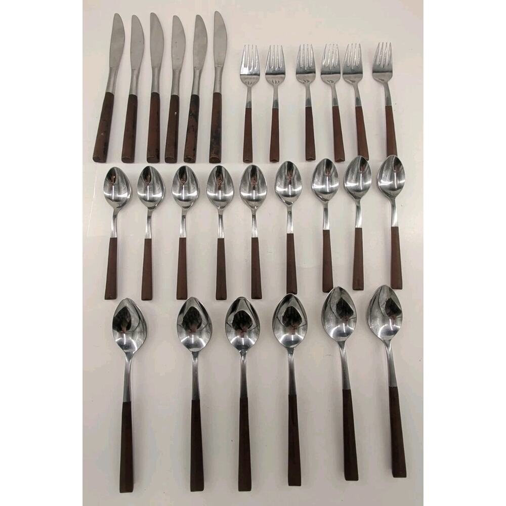 Vtg 27 Pieces of Woodwind Flatware MCM Stainless Steel Japan Spoon Fork Knife